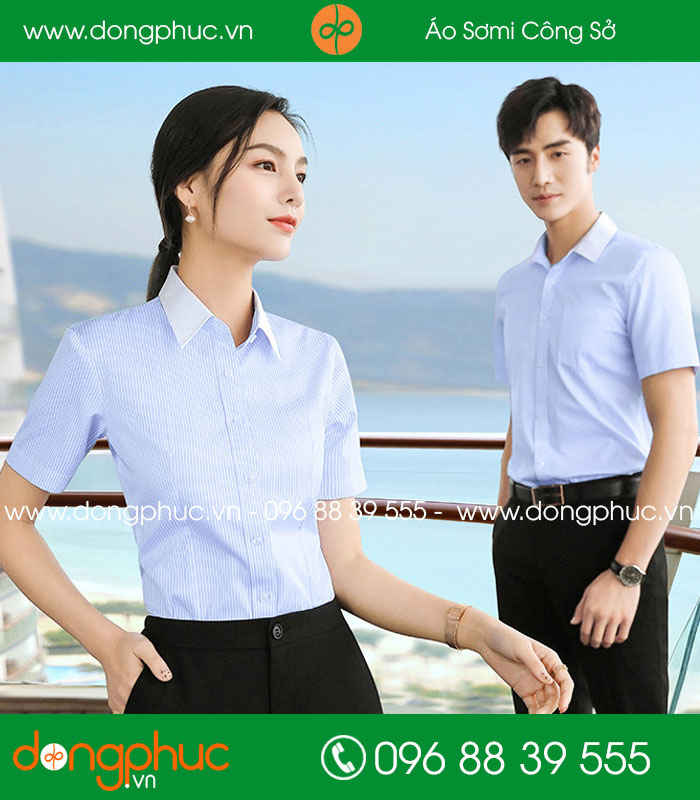  Đồng phục áo sơ mi kẻ màu xanh dương cộc tay